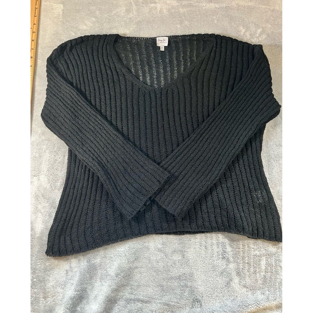 Cozy Co Open Knit Sweater Black S/M Lightweight Ribbed Bell Sleeve Boho